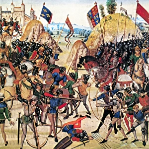 BATTLE OF CRECY, 1346. The Battle of Crecy, 26 August 1346. Detail from Chroniques de Froissart, 14th century manuscript