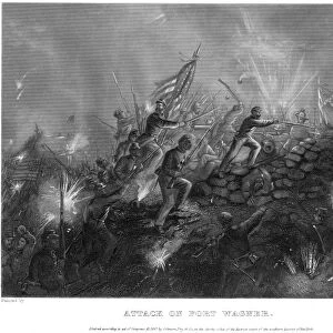 BATTLE OF FORT WAGNER, 1863. The 54th Massachusetts (Colored) Regiment storming Fort Wagner, South Carolina, during the American Civil War, 18 July 1863. Steel engraving, 1867, after Thomas Nast
