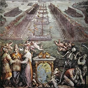 BATTLE OF LEPANTO, 1571. Christian fleets at Messina before the Battle of Lepanto, 7 October 1571, with allegorical figures representing Spain, the Papacy, and Venice. Painting commissioned by Pope Gregory XIII