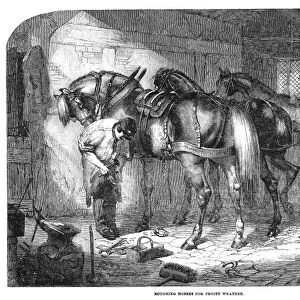 BLACKSMITH: WINTER, 1854. A blacksmith shoeing a horse in preparation for frosty weather