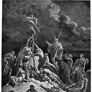 BRAZEN SERPENT. Israelites bitten by fiery serpents are saved when they look upon the brazen image of a serpent, set up on a pole by Moses (Numbers 21: 6-9). Wood engraving, 19th century, after Gustave Dor