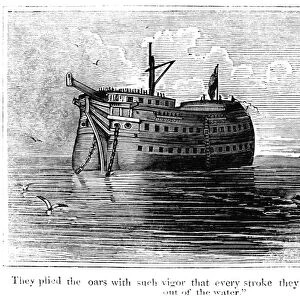 BRITISH PRISON SHIP, 1770s. Five Americans escaping from the British prison ship Jersey, anchored in the East River, New York, during the Revolutionary War. Wood engraving, American, 1838