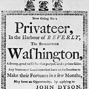 Broadside urging men to sign up for service on a privateer in Beverly Harbor, Massachusetts, 17 September 1776, at the beginning of the American Revolutionary War
