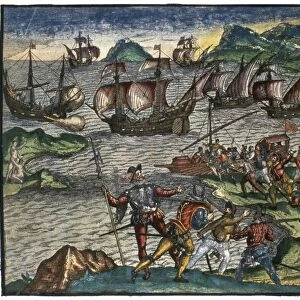 DE BRY: NEW WORLD. European explorers in the New World. Color line engraving by Theodor de Bry, 16th century