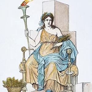 CERES ENTHRONED. Ceres, the Roman goddess of the growth of food plants, enthroned with her attribute of wheat: line engraving after a wall painting in Pompeii, 19th century