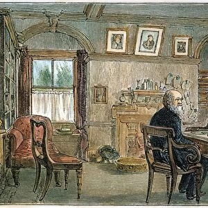 CHARLES DARWIN (1809-1882). English naturalist. In the study of his home in Down, near Beckenham, Kent, England. Wood engraving, English, 1887