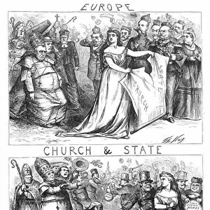 CHURCH / STATE CARTOON, 1870. One of Thomas Nasts vitriolic comments on the separation between Church (i. e. the Roman Catholic church) and State: wood engraving, 1870