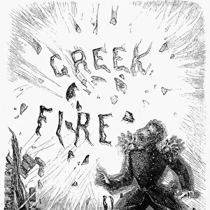 CIVIL WAR: GREEK FIRE. Confederate General Pierre G. T. de Beauregard, defender of Charleston, South Carolina, is shocked by the explosion of a Greek Fire bomb shell during the Union siege of the city. Cartoon from a Northern newspaper of September 1863
