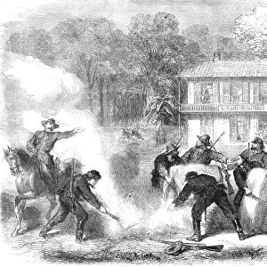 CIVIL WAR: MEMPHIS, 1862. Cottonburners near Memphis, Tennessee, surprised by Union Army scouts. Wood engraving, English, 1862