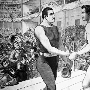 CORBETT & SULLIVAN, 1892. James J. ( Gentleman Jim ) Corbett (right) shakes hands with John L. Sullivan at the beginning of their championship fight in New Orleans, 7 September 1892. Line engraving from a contemporary newspaper