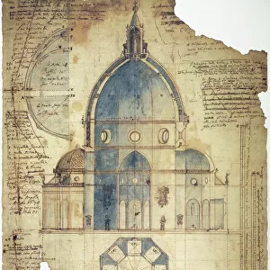 Cross-section of Filippo Brunelleschis design for the dome of Santa Maria del Fiore Cathedral in Florence, Italy. Contemporary drawing by Lodovico Cardi da Cigoli