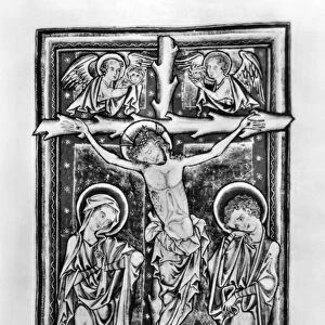 CRUCIFIXION, c1250. Illumination from a Psalter, c1250, produced for the Benedictine