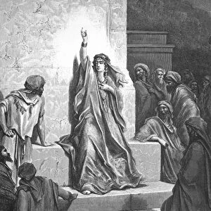 DEBORAH SINGING PRAISES. Deborah praising the Lord for Israels victory over Canaan (Judges 5: 1, 24, 26, 27, 31). Wood engraving after Gustave Dor