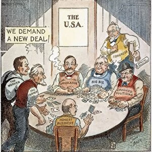 We Demand a New Deal! American cartoon, c1932, by John Miller Baer, defining the term New Deal first used by Franklin D. Roosevelt in his speech while accepting the Democratic nomination for President, 2 July 1932