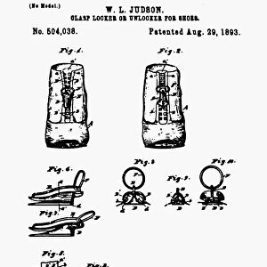 Drawing from the patent application of American inventor Whitcomb L. Judson for a clasp locker and unlocker for shoes, a precursor of the zipper, 1893