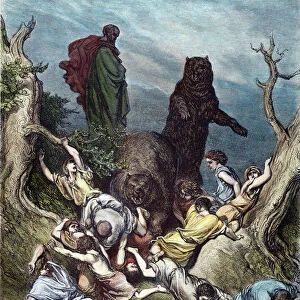 ELISHA: SHE-BEARS. Two she-bears destroying the children who mocked Elisha (II Kings 2: 23, 24). Wood engraving after Gustave Dor
