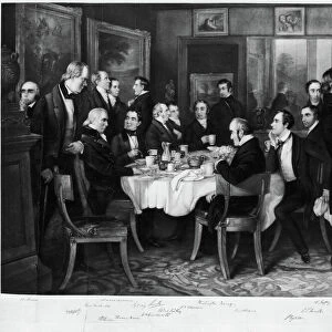 ENGLAND: POETS, 1815. A breakfast party in 1815 at the home of the poet Samuel Rogers (1765-1855). Among the guests are, from left: William Wordsworth, Robert Southey, Samuel Coleridge, Washington Irving and Lord Byron. After an engraving by Charles Mottram (1807-1876)
