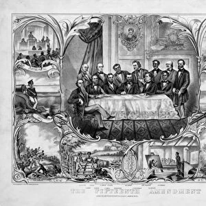 THE FIFTEENTH AMENDMENT. American President Ulysses S. Grant signing the 15th amendment grating the right to vote for African Americans. Vignettes show African Americans in military service, at school, on a farm, and casting ballots. Lithograph, c1871