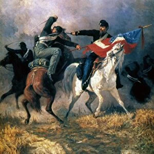 THE FIGHT FOR THE STANDARD. Oil on canvas, 1865, by an unknown artist