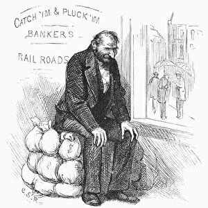 FINANCIER, CARTOON, 1873. A banker at the Catch im & Pluck im establishment sitting on his gains. Cartoon comment on the panic of 1873 from a contemporary American newspaper