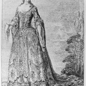 FRANCE: FASHIONABLE LADY. Fashionable Lady Dressed for a Ball. Etching after Claude Gillot