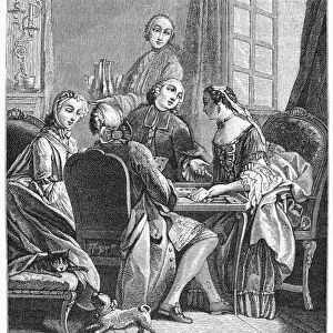 FRANCE: GAMBLING, c1750. A French gambling salon of the 18th century. Line engraving, 19th century