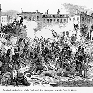 FRANCE: REVOLUTION, 1848. Barricade at the corner of the Boulevard Rue Mazagran, near Porte Saint-Denis in Paris, during the Revolution of 1848 following the closing of the national workshops. Contemporary English wood engraving