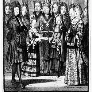 FRANCE: ROYAL WEDDING. The wedding of Louis, Duke of Burgundy and Marie-Adelaide de Savoy, 7 December 1697. At left is Louis grandfather, Louis XIV; at right us Marie-Adelaides step-grandmother, the Duchess of Orleans. Line engraving, 1697