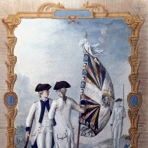 French infantrymen in Comte de Rochambeaus expeditionary corps during the American Revolutionary War, 1780. Gouache by Nicolas Hoffmann