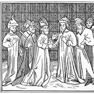 FRENCH RABBIS. A conference of rabbis. Woodcut, French, 13th century
