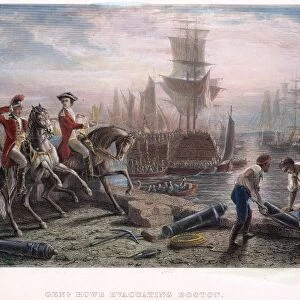 General William Howe (1729-1814) directing the evacuation of Boston, for Halifax, Nova Scotia, March 1776. Line engraving, 19th century