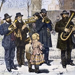 GERMAN STREET BAND, 1879. A German street band performing in New York City. Wood engraving, American, 1879, after a painting by John George Brown