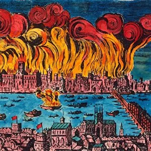 GREAT FIRE OF LONDON, 1666. The Great Fire of London, 1666, which destroyed 13, 200 houses and 89 churches but with a total death toll of six persons: contemporary engraving