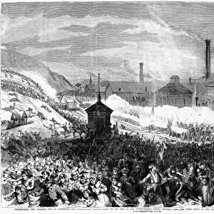 GREAT RAILROAD STRIKE. The Philadelphia milita firing on rioters, 21 July 1877. Wood engraving from a contemporary American newspaper