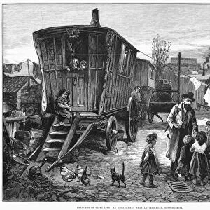 GYPSY ENCAMPMENT, 1879. A gypsy encampment near Latimer Road in Notting Hill, London, England. Wood engraving, English, 1879