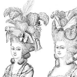 HAIRSTYLE, 18th CENTURY. Coiffures of an unmarried (left) and a married (right) woman. After a late 18th century French engraving