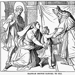 HANNAH, SAMUEL & ELI. Hannah brings Samuel to Eli (I Samuel 1: 25). Wood engraving, American, 1884