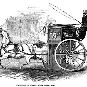HANSOM CAB, 1846. Reynolds improved patent safety cab, a two-wheeled, one-horse carriage originally designed in 1834 by Joseph Aloysius Hansom, known as a hansom cab. Wood engraving, English, 1846