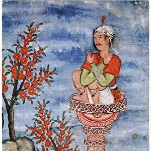 A hermit sitting on a stylite. Indian mughal miniature painting from the Hamzanama, c1570