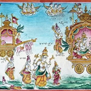 HINDU PROCESSION. A mythological Hindu ceremonial procession. Indian painting