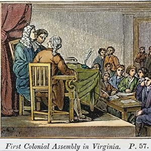 HOUSE OF BURGESSES, 1619. A representation of the first colonial assembly in Virginia in 1619: colored engraving, American, 1833