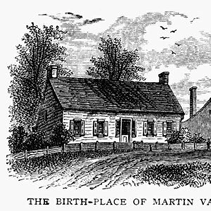 The house at Kinderhook, New York, where President Martin Van Buren was born on 5 December 1782. Wood engraving, 19th century