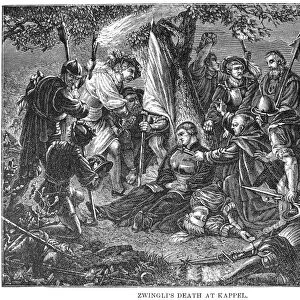 HULDREICH ZWINGLI (1484-1531). Swiss religious reformer. Zwinglis death at the Battle of Kappel, 11 October 1531. Wood engraving