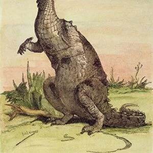 IGUANODON. A restoration of Gideon Mantells Iguanodon. Wood engraving, English, 19th century