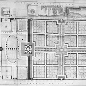 INDIA: TAJ MAHAL PLAN. Floor plan of the mausoleum and garden of the Taj Mahal in Agra, India, a marble mausoleum built (1631-1645) by the Mogul Emperor Shah Jahan in memory of his favorite wife, Mumtaz Mahal. Engraving from the Journal of the Royal Asiatic Society, English, 1843
