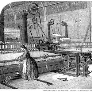 INTERNATIONAL EXHIBITION. Cotton manufacture in the International Exhibition: Platts self-acting mule or cotton-spinning machine. Wood engraving from an English newspaper of 1862