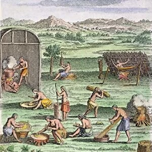 IROQUOIS VILLAGE, 1664. Village life among the Iroquois Native Americans. Line engraving, French, 1664