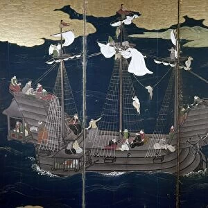 JAPAN: PORTUGUESE SHIP. Japanese namban screen, early-16th century