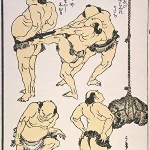 Japanese Sumo wrestlers preparing for a match. Tying the sash, trying out the Defensive Posture, and Stamping the Feet. Woodblock print, 1817, by Hokusai for his Manga, or Ten Thousand Sketches