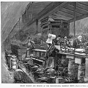 JOHNSTOWN FLOOD, 1889. The relief station and morgue at the Pennsylvania Railroad depot at Johnstown, Pennsylvania, after the town was destroyed on 31 May 1889. Wood engraving from a contemporary American newspaper